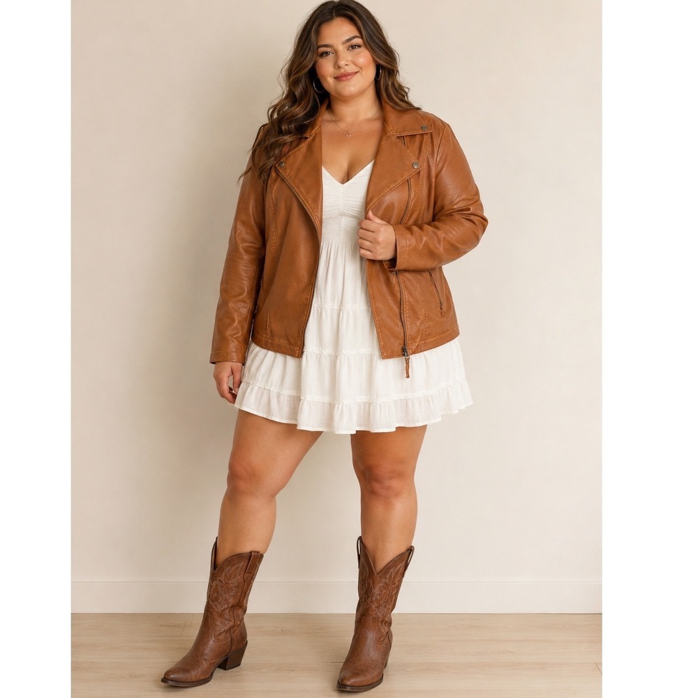 Max Studio Womens Cognac Brown Moto Jacket 2X Faux Leather Biker Cowgirl